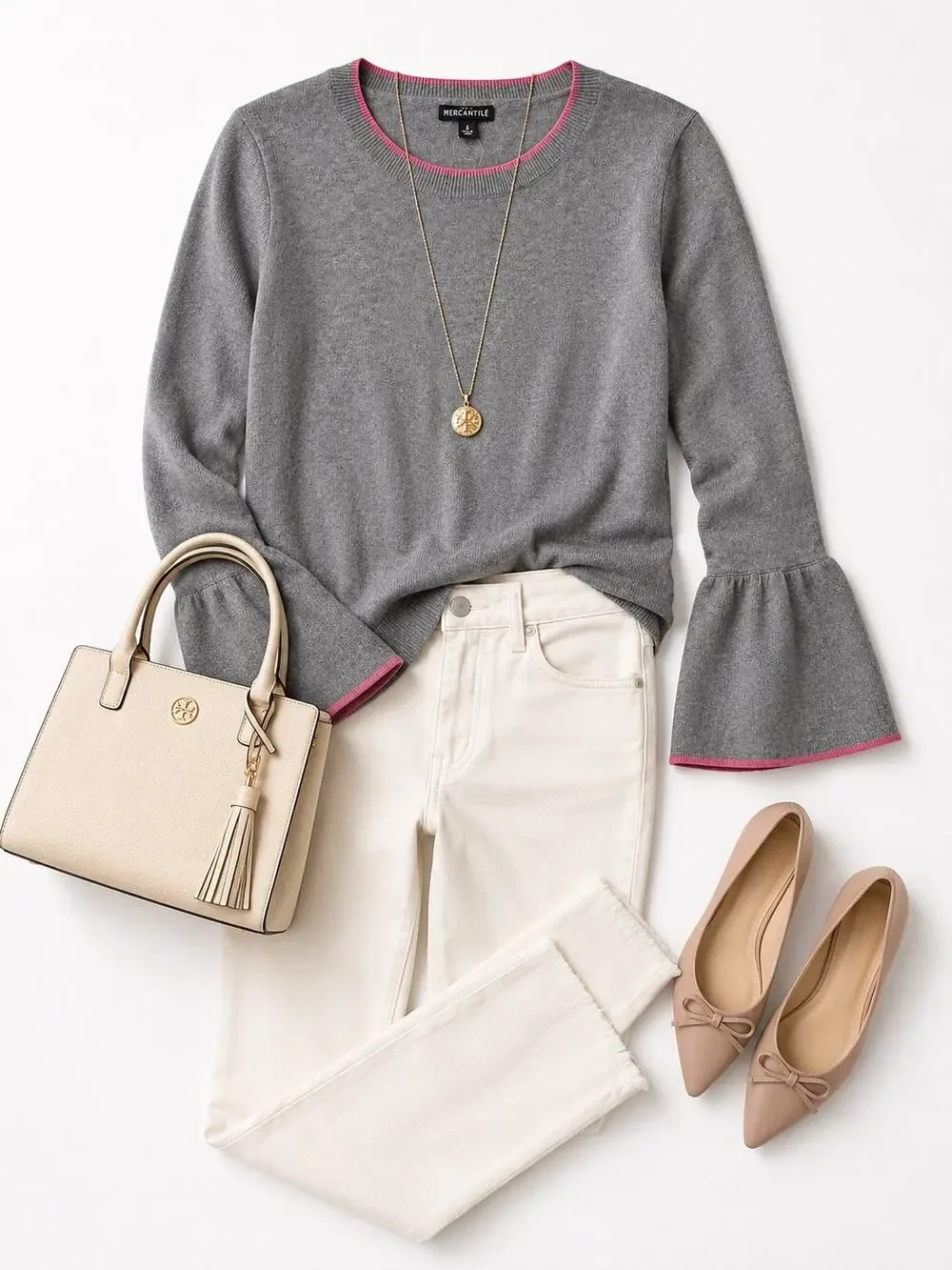 J.Crew Mercantile Gray Merino Wool Blend Bell Sleeve Sweater Pink Trim Small NWT